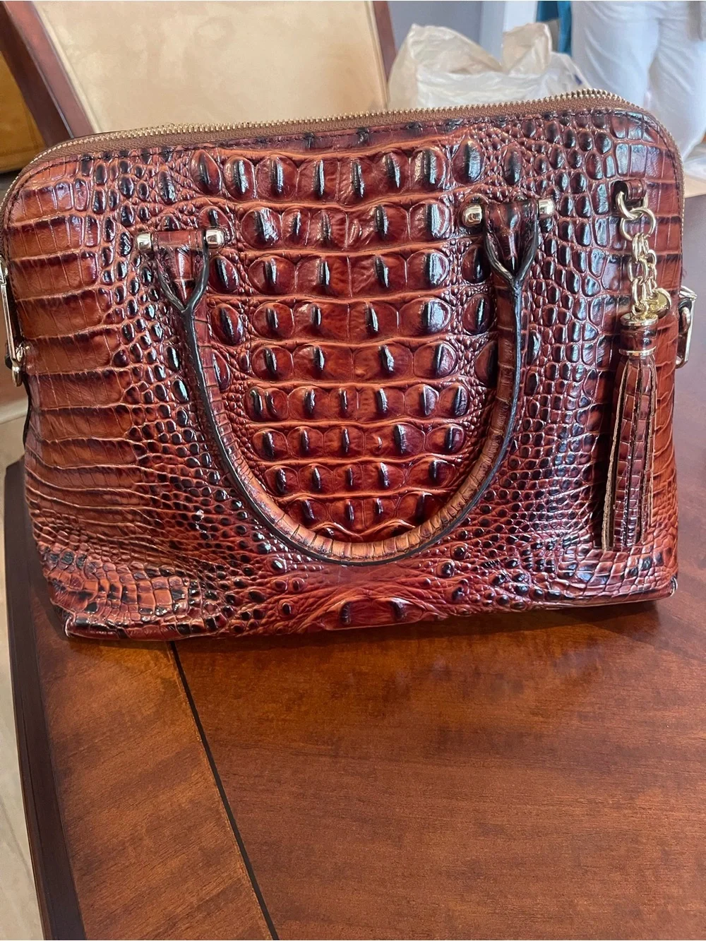 Brahmin Croc-Embossed Satchel in Deep Cognac Brown - Picture 1 of 5